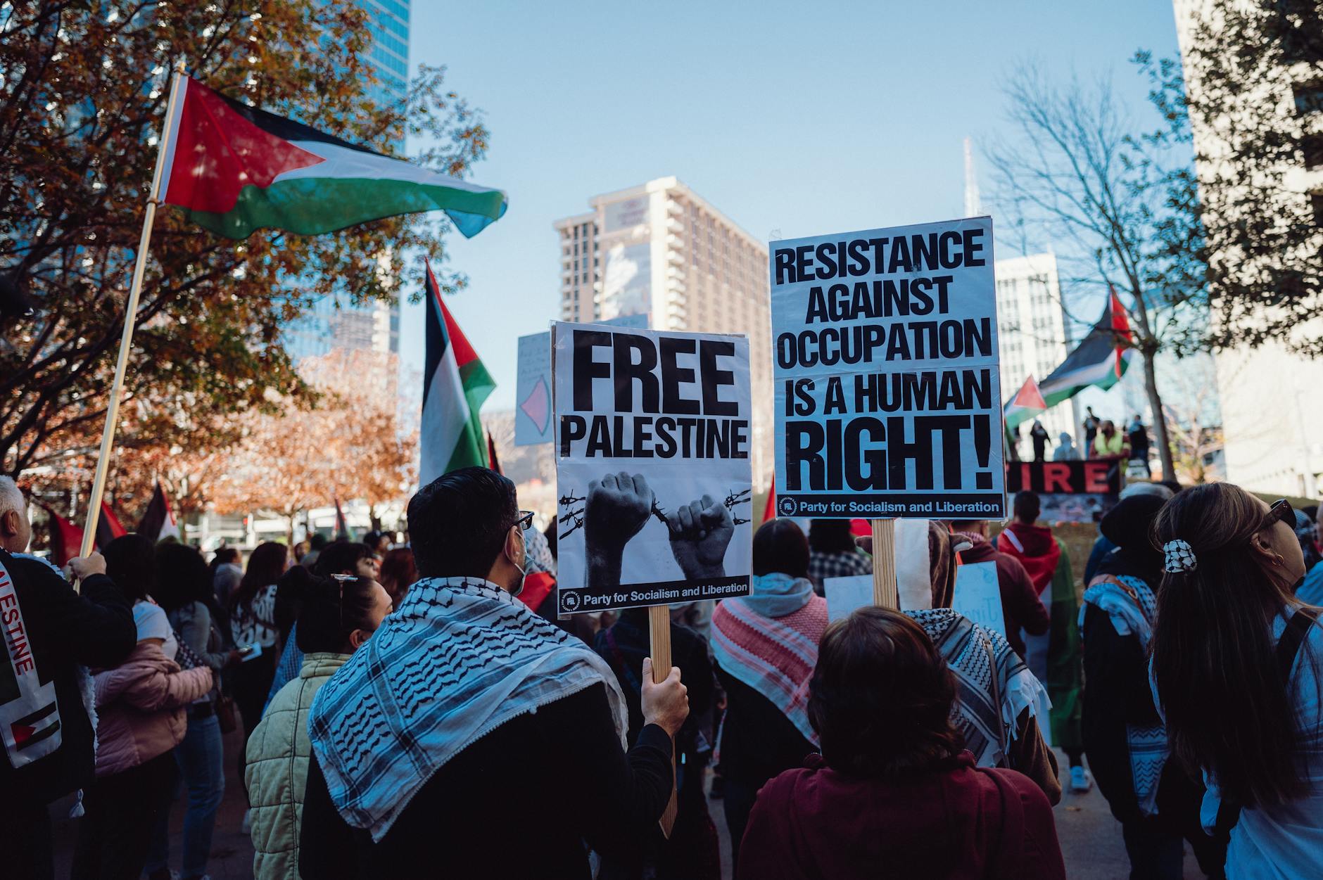 protesters with banners at antiwar protest